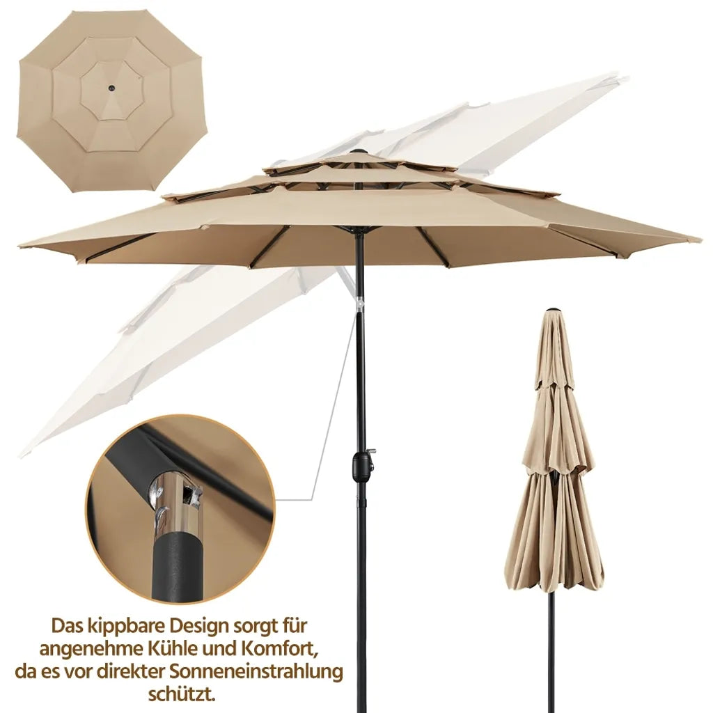 Yaheetech 3-lagiger, neigbarer Sonnenschirm, Ø 324 cm, hellbraun