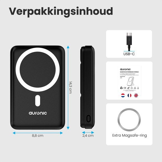 Auronic Powerbank - 10.000 mAh - 22,5W - iPhone 12/13/14/15 Schnellladegerät - Magnetisches und drahtloses Laden - Schwarz