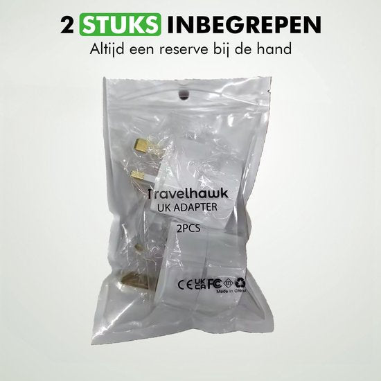 Travelhawk Reisestecker England - Reisestecker UK - Typ G - Ideal für Reisen in England, Schottland, Malta, Singapur, Hongkong und Malaysia - 2 Stück - Weiß