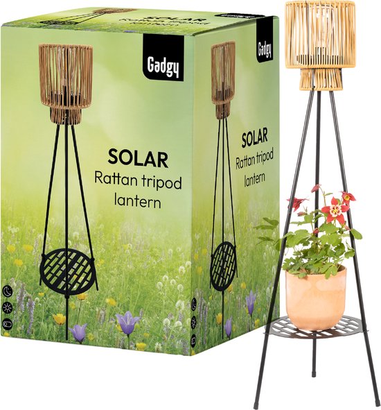 Gadgy Solar-Gartenbeleuchtung, Stehlampe für die Terrasse – Außenlampe mit Solarenergie für Balkon und Garten – Dreifuß-Gartenlampe mit LED-Beleuchtung und USB-Anschluss – Laterne für die Außenbeleuchtung – Braunes Rattan