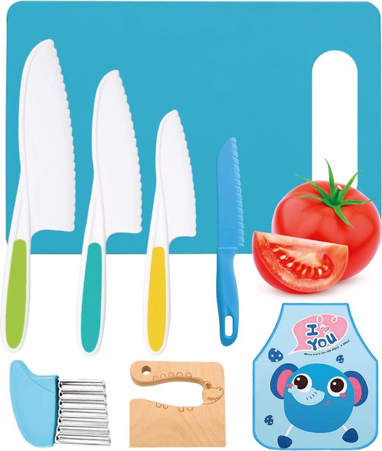 Qwali Blau Kindermesser Set - Sicher - Inkl. Schneidebrett - Kinder - Besteck - Messer Kind - Küche - Spielzeug