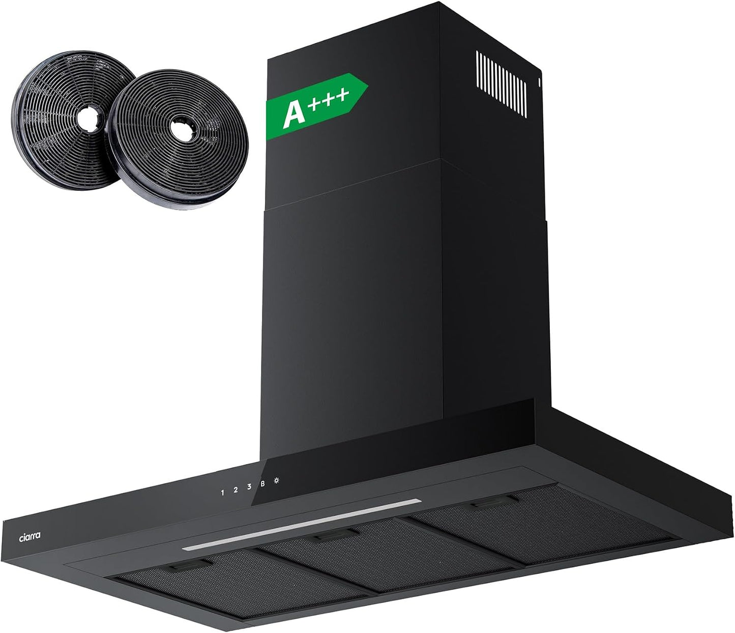 Ciarra CBCB9102 Dunstabzugshaube 90 cm – 650 m³/h – 4 Geschwindigkeitsstufen mit Booster – WLAN & Touch-Steuerung – Umluftbetrieb – Schwarz