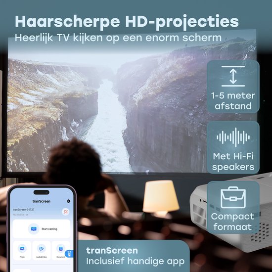 Audyn Beamer - Full HD 1080P - Tragbarer Mini-Beamer - Drahtloser Projektor - Wifi und Bluetooth - Beamer - Hdmi, Usb und Aux - Weiß