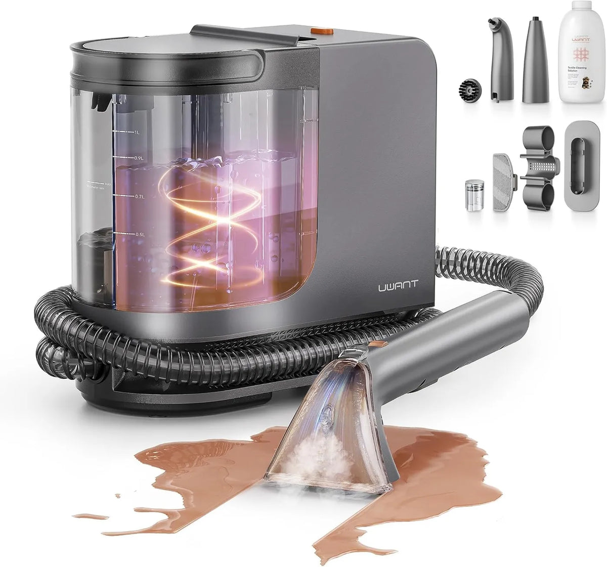 UWANT B400 Multi-Fleckenreiniger – Grau – 600 W, 18.000 Pa, Dampffunktion – Für Bett/Sofa/Teppich/Auto