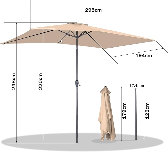 Angel Living Rechteckiger Sonnenschirm – 200 x 300 cm – Neigbar – Beige