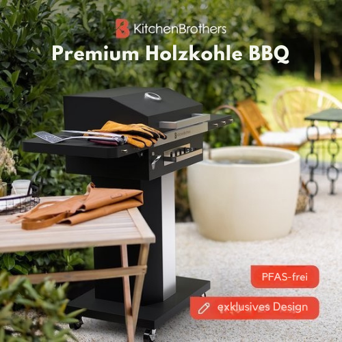 KitchenBrothers - Holzkohlestehgrill Barbecue - BBQ - mit Deckeln und Rädern - Edelstahl Grillrost - Schwarz