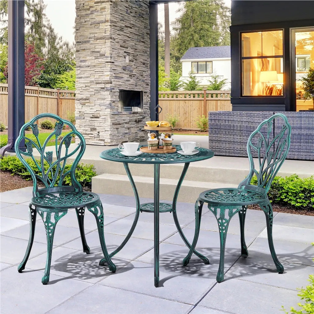 Yaheetech 3-teiliges Bistro-Gartenset – Grün – Aluminium-Gartenset mit 2 Stühlen und einem Tisch mit Sonnenschirmloch