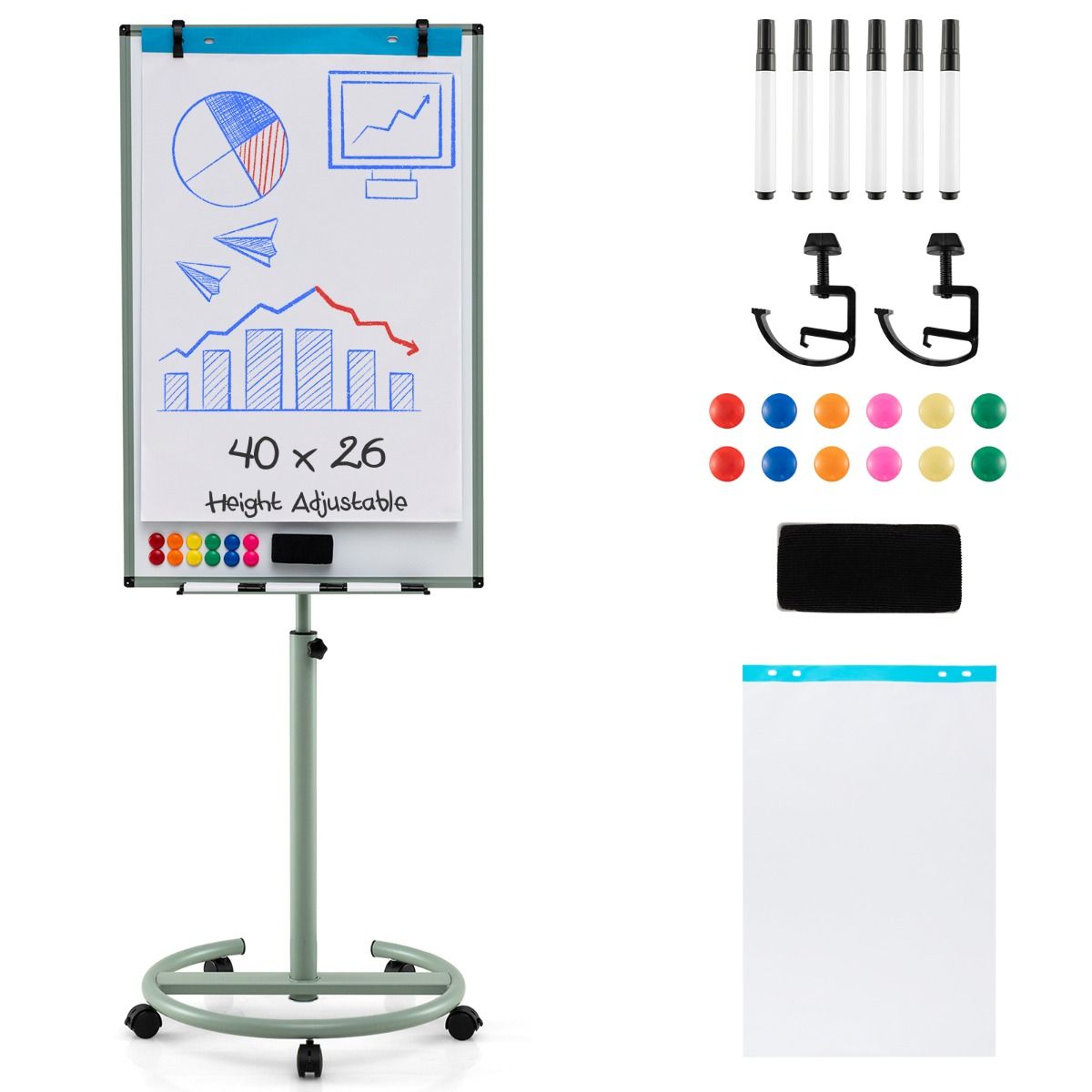 Coast Rollbares Whiteboard mit Magneten und Markern – höhenverstellbar – grün – 100 x 65 cm