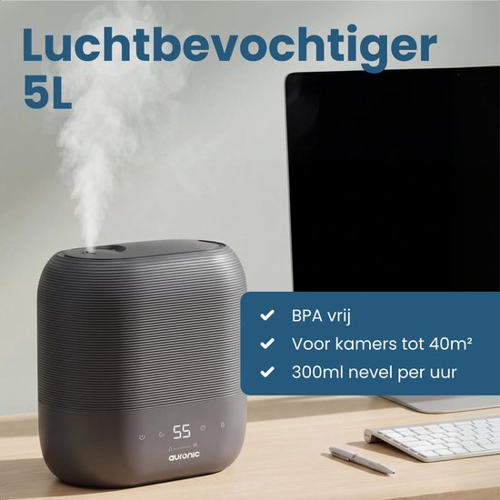 Auronic Luftbefeuchter – 5 l – Geeignet für Schlafzimmer, Babyzimmer, Büro, Wohnzimmer und mehr – Luftbefeuchter – BPA-frei – Anthrazit