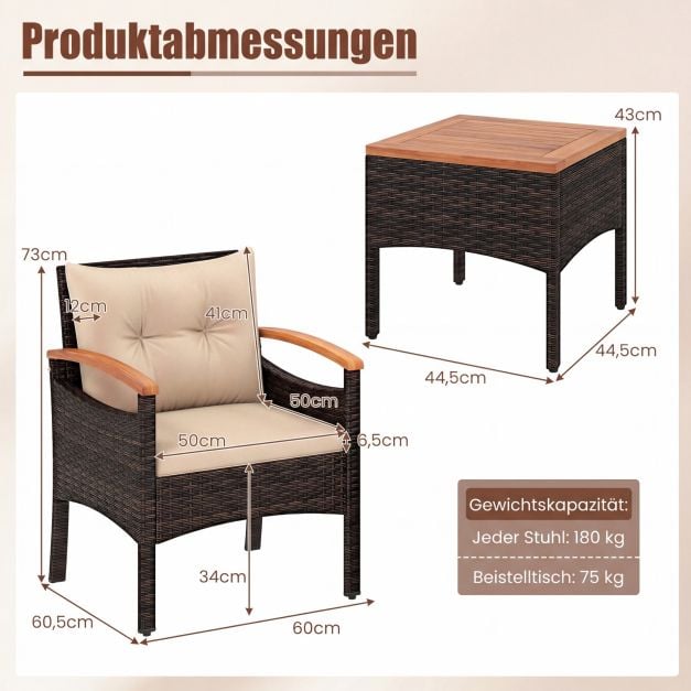 Coast 3-teiliges Rattan-Gartenset – Stühle 60,5 x 60 x 73 cm – Braun