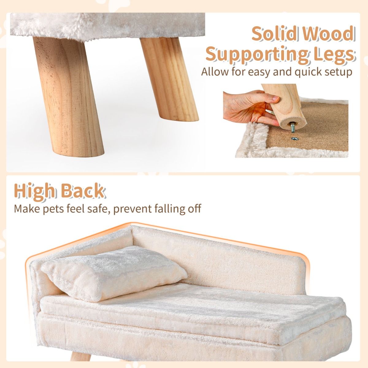 Coast Erhöhtes Haustierbett – halbrunde Rückenlehne – abnehmbares Kissen – beige – 71 x 43 x 40 cm