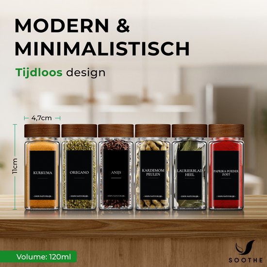 Soothe 36 Glasgewürzdosen quadratisch mit Akaziendeckel - 2 Arten von Streudeckeln - Gewürzstreuer - Gewürzdosen - Komplettset inkl. Gewürzsticker, Kreidestift und Zubehör - 120ml