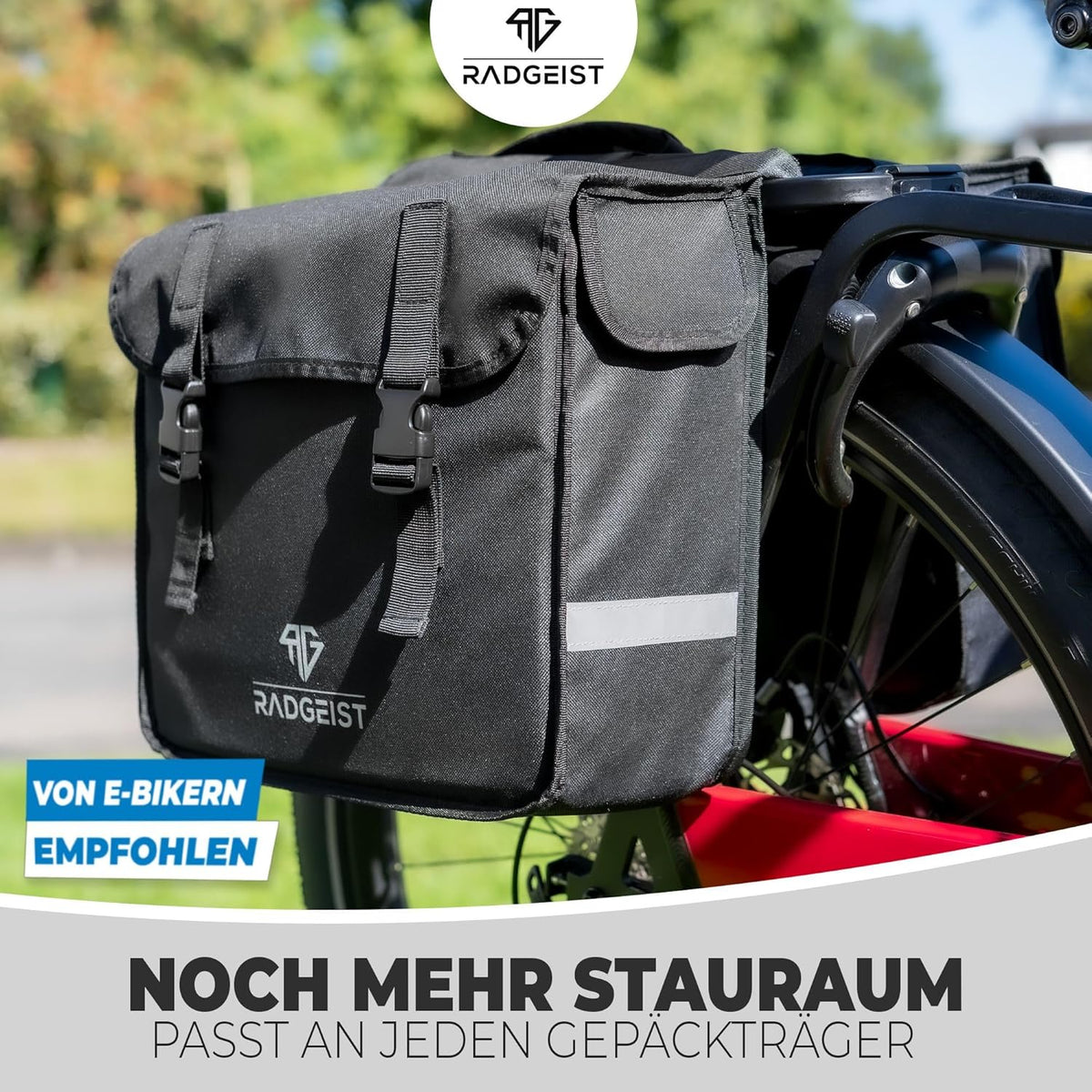 RADGEIST Doppel-Fahrradtasche I Doppel-Fahrradtasche für Gepäckträger 30L I Einfache Befestigung, Doppel-Fahrradtasche schwarz