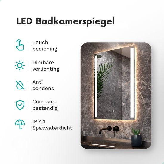 Mirlux Badezimmerspiegel mit LED-Beleuchtung & Heizung - Wandspiegel rechteckig- Anti-Kondensations-Duschspiegel - 90x65CM