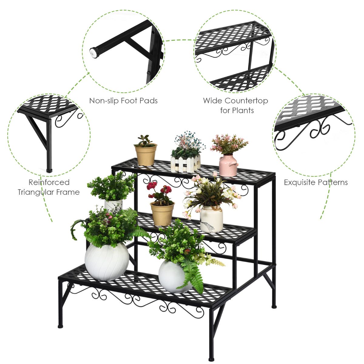 Coast Pflanzenregal mit drei Ebenen – Blumenständer aus Metall – Freistehende Pflanzenleiter – Schwarz – 70 x 60 x 60,5 cm