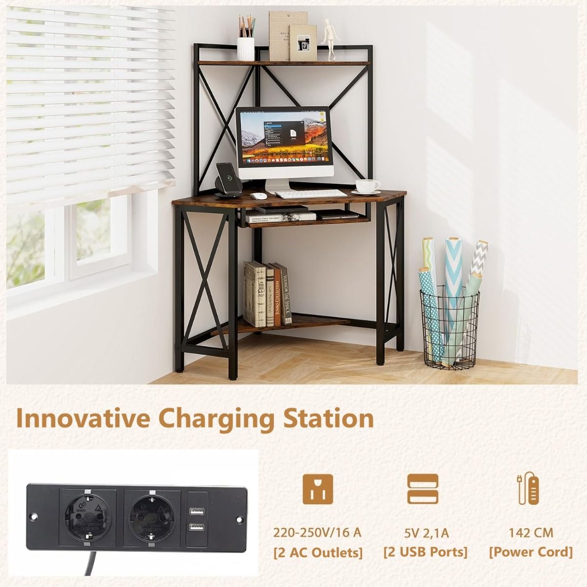 coast Eckschreibtisch mit Ladestation - 80x80x145 cm - Rustikales Braun & Schwarz - Eck-Computertisch mit Tastaturablage und 2 Ablagen