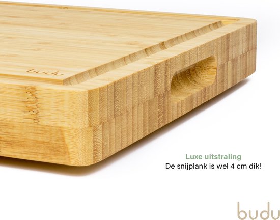 Budu Schneidebrett Thick Deluxe - Bambus - 4CM dick - Schneidebrett Holz - Schneidebretter aus Holz - Schneidebrett Geschenk - 29,5 x 40 x 4 cm