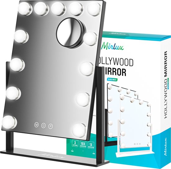 Mirlux Make Up Hollywood-Spiegel mit Beleuchtung (44x30cm) Vision - Dimmbare LED-Birnenbeleuchtung - 13 Lampen - Schwarz