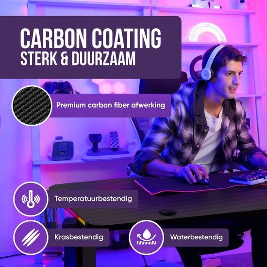 Avalo - Gaming Desk & L-Shaped Corner Desk - 160x100x75 cm - Mit RGB-LED-Beleuchtung - Becherhalter & Headset-Haken - Edelstahl & ABS - Schwarz