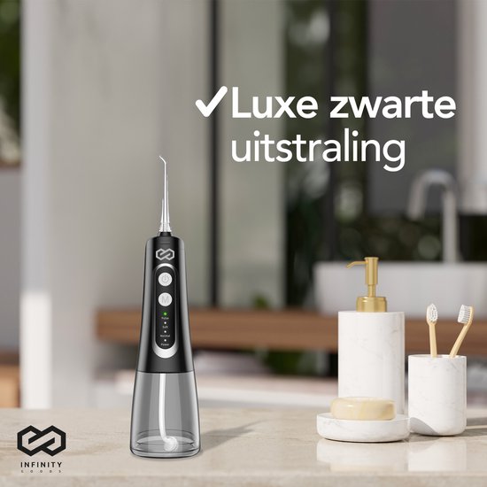 Infinity Goods Water Flosser - Oral Washer - Elektrische Zahnseide - Schnurlos und wiederaufladbar - 5 Aufsätze - Schwarz