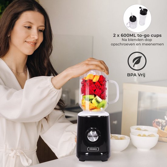 Niceey Mini Blender - Smoothie Maker - Mixer Smoothie - Entsafter - 500W - mit 2 To-Go Bechern - Schwarz