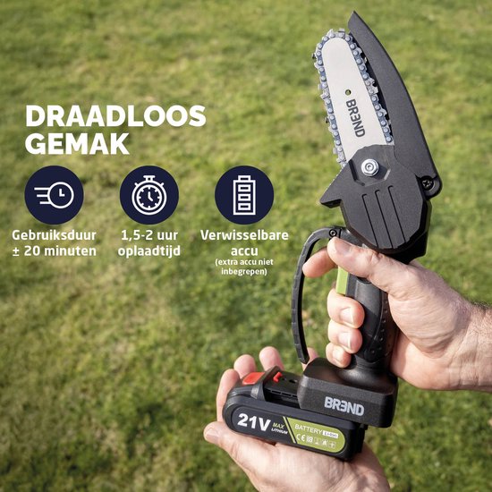 BREND BR-2236 Elektrische Mini-Kettensäge mit Akku und Aufbewahrungskoffer - Schnurlose Baumsäge für Äste und Stämme - 20 Min. Schnittzeit - Schwarz
