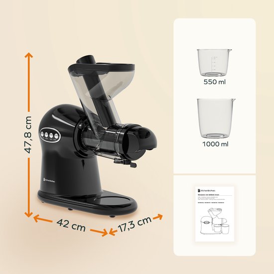 KitchenBrothers Slowjuicer XL - Entsafter - Gemüse- und Obstpresse - 43 mm und 70 mm Einfüllöffnung - 500 ml - Schwarz