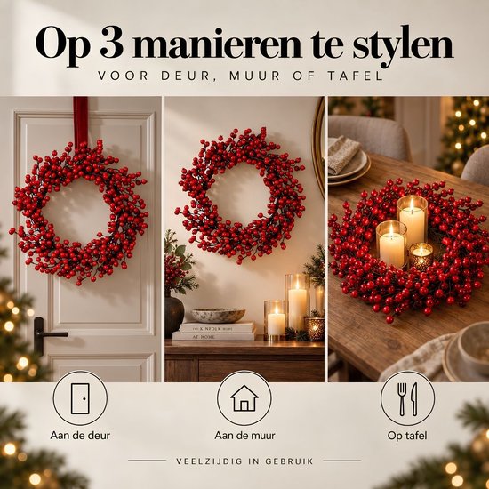 Mica Decorations Weihnachtsdekoration mit roten Beeren – Weihnachtskranz für weihnachtliche Stimmung im Haus – Ø 50 cm aus Schaumstoff – Türkranz für den Innenbereich in der Weihnachtszeit – Rot