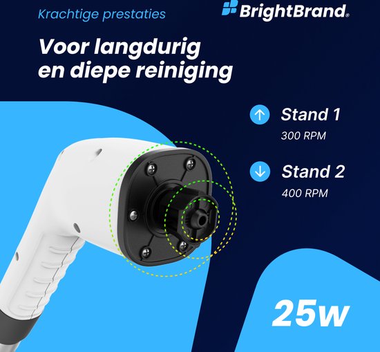 Brightbrand PowerScrub Pro - Elektrische Reinigungsbürste - Schrubber - Für Bad und Küche - Reiniger - Schrubber mit Griff - Abzieher - Polierer - Polierer mit 10 Aufsätzen