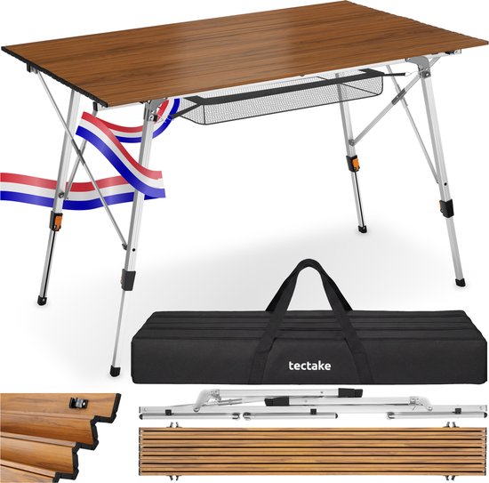 tectake® Campingtisch – 90 x 52 x 47 – 70 cm - Klapptisch aus Aluminium – Aufrollbare Tischplatte – Falt-Tisch – Reisetisch – Gartentisch – Wetterfest – Höhenverstellbar – Tragetasche – Zusammenklappbar – Holzoptik