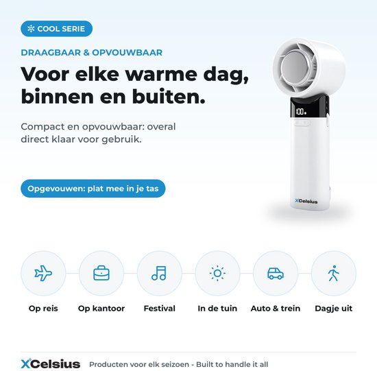 XCelsius® Handventilator – Tragbarer, zusammenklappbarer Mini-Ventilator – Über USB-C aufladbar – Stufenlos von 0 % bis 100 % einstellbar – Mit Sofort-Kühlplatte – Weiß