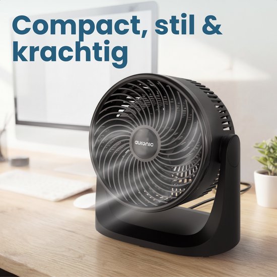 Auronic Tischventilator – 3 Geschwindigkeitsstufen – Mini-Ventilator – Standventilator – Wandmontage möglich – 41 dB – 90°-Oszillation – 7 Meter Luftstrom – Schwarz
