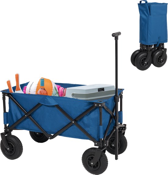 Zusammenklappbarer Bolderkar – Bolderkarren mit Luftreifen – 43 x 21 x 80 cm – Belastbar bis 70 kg – Besonders stabiler Ziehharmonika-Rahmen – Inklusive Bodenplatte und Aufbewahrungstasche – Zugwagen, Transportwagen und Strandwagen für Camping, Garten, Fe