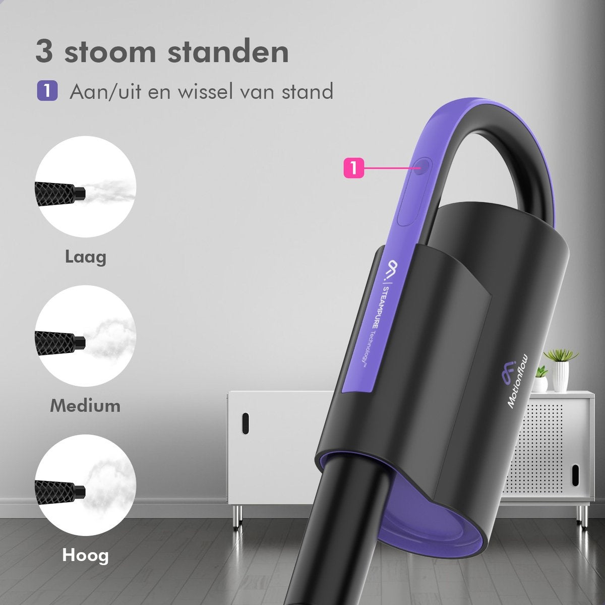 Motionflow - 16-in-1 Dampfreiniger - Fleckenreiniger - Tiefenreinigung für Boden, Sofa, Bad und Teppich - Schwarz