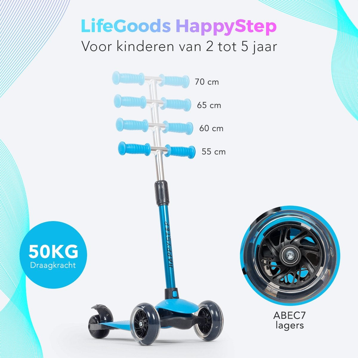LifeGoods HappyStep - Kinder-Roller - Alter 2-5 Jahre - 3 leuchtende Räder - Jungen/Mädchen - Blau