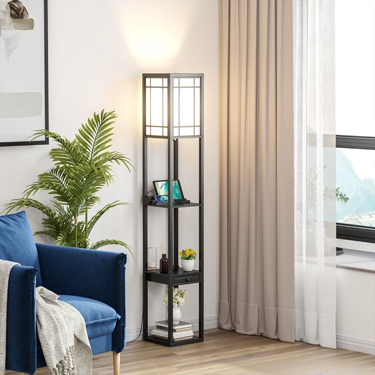 Stehleuchte Coastal mit 3 offenen Fächern - 2 USB-Anschlüsse - 26 x 26 x 161 cm - Schwarz