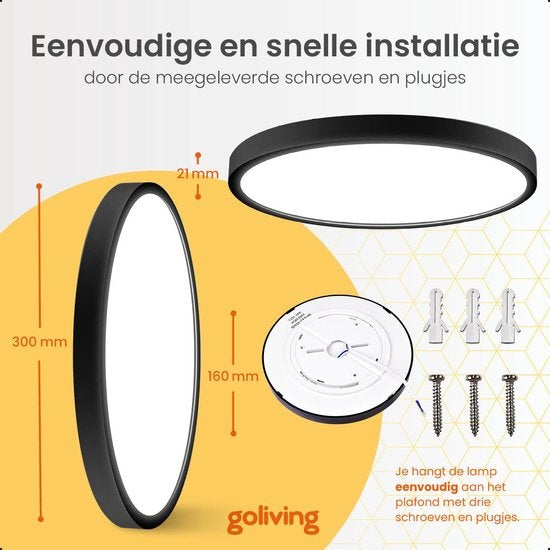 Goliving Deckenleuchte - Deckenleuchte - Led - Extra dünn - Warmweißes Licht - Schlafzimmer - Badezimmer - Wohnzimmer - Ã˜ 30cm - Schwarz