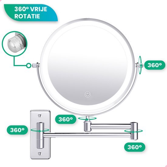 Make-up Spiegel mit Led Beleuchtung - 5X Vergrößerung - Wandspiegel Rund - Rasierspiegel Wandmodell - Badezimmer - Dusche - Chrom