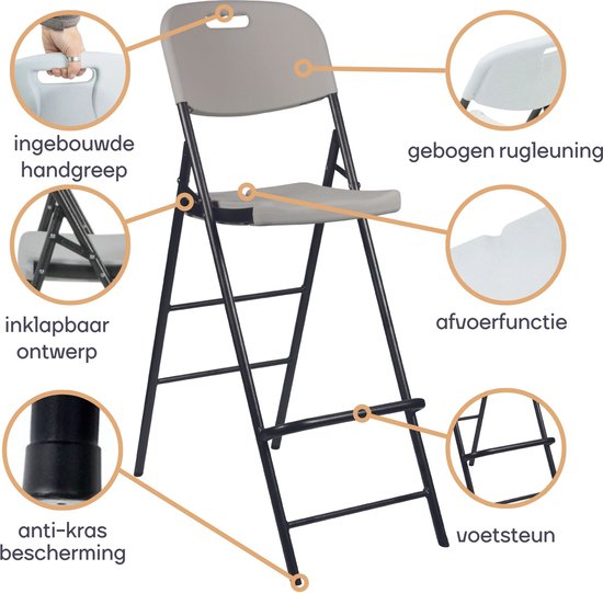 Perel Weißer Indoor- und Outdoor-Hochklappstuhl, Barhocker, mit Rückenlehne und Fußstütze, Kunststoff, platzsparend, ideal für Events, Partys und Catering, mit Stahlgestell und wetterfester Sitzfläche, 45 x 77 x 114 cm