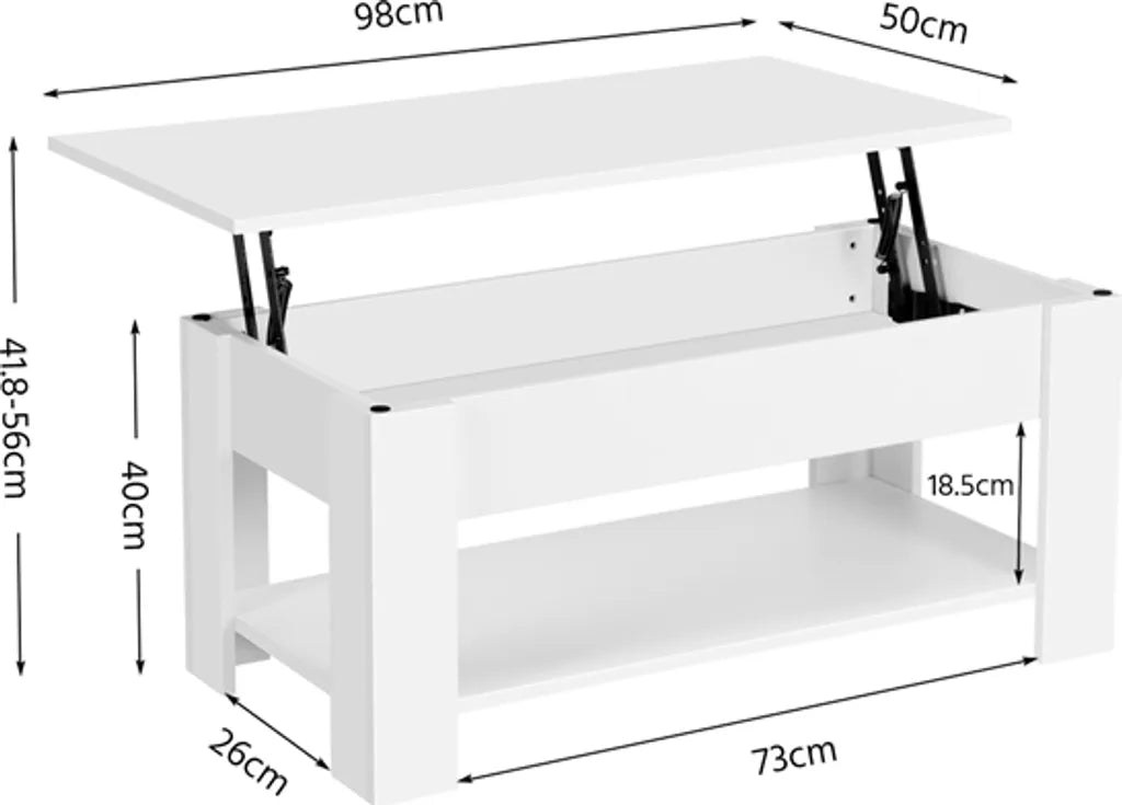 Yaheetech Couchtisch mit verstellbarer Tischplatte 98 x 50 x 41,8 cm – Weiß – Ausziehbarer Lift-up-Couchtisch mit Stauraum