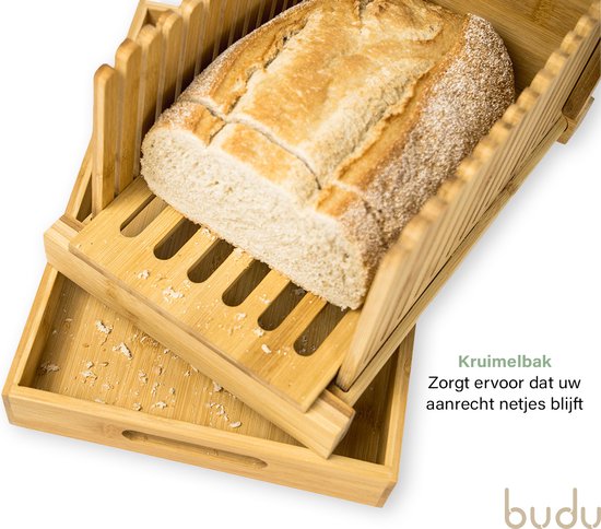 Budu Brotschneidemaschine Bambus - Brotschneidemaschine Werkzeug - Brotbrett Holz - Brotschneidemaschine mit Auffangschale - Bambus - 30x20cm
