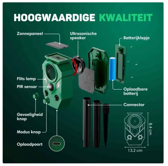 Vulpes Goods® - Katzenvertreiber Premium - 5 x 9 x 14 cm - Mit 5 Arbeitsmodi und PIR-Sensor und LED-Blitzlicht und Solarenergie - Für Garten und Balkon - Grüner Kunststoff