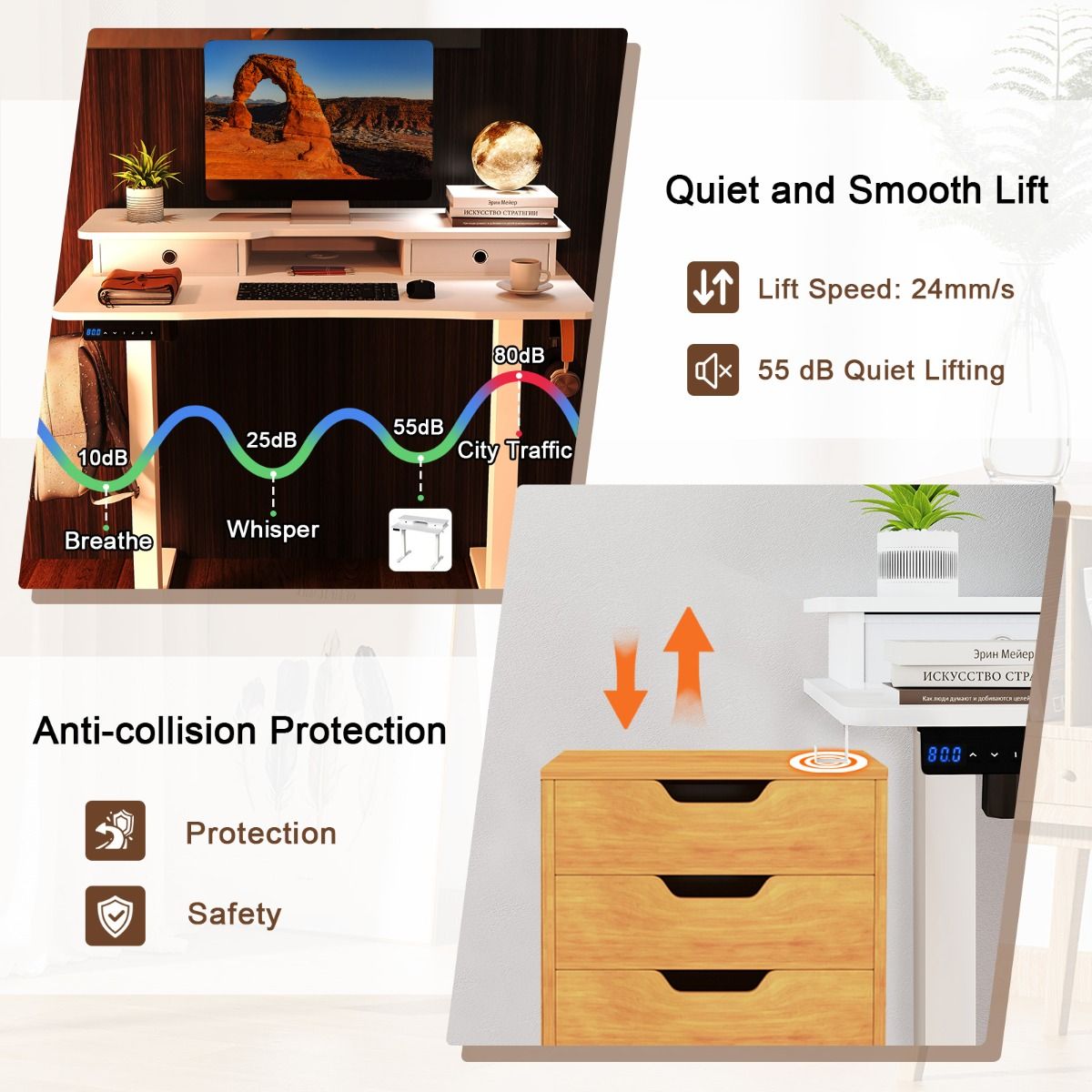 Coast Elektrischer Sitz-Steh-Schreibtisch – Höhenverstellbar – Mit Monitorhalterung und Schubladen – Weiß 100 x 60 cm