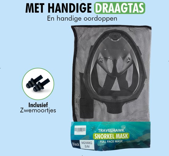 Travelhawk Schnorchelmaske - Erwachsene S/M - Schnorchelset Schwarz - Schnorchelmasken - Vollgesichtstauchmaske - Taucherbrille mit Schnorchel - Schnorcheln und Tauchen
