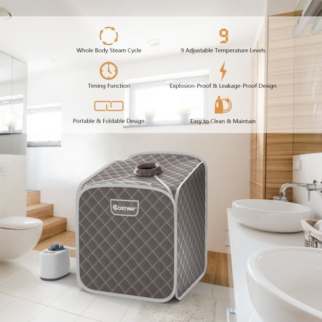 Coast 2L Mini-Dampfsauna mit 9 Temperaturstufen - Heimsauna - Wärmekabine - 85 x 84 x 106 cm - Grau - Schwarz - Braun