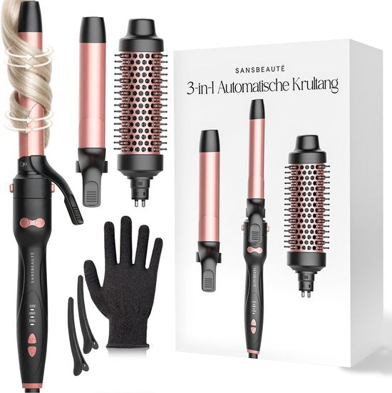 Sansbeauté® 3 in 1 Automatischer Lockenstab mit Klemme - Keramischer Lockenstab - 25mm bis 38mm - Beach Waves - gewelltes Haar - Lockenstäbe 33 38 mm 25 mm - Blowout-Bürste - Haarstyler - Lockenwickler - dünne und dicke Lockenwickler - Lockenstab kurzes H