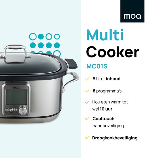MOA Multicooker - Slowcooker - 8 Kochfunktionen - 6 Liter - 1250W - Reiskocher - Dampfgarer - Sous Vide Kocher - Joghurtbereiter - Edelstahl - MC01S