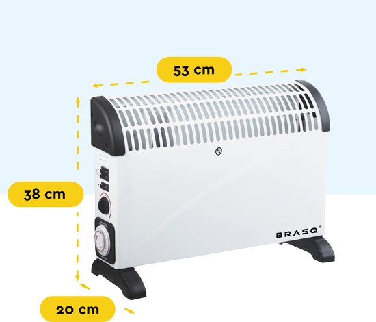 BRASQ - Elektrischer Konvektor - Turbofunktion und einstellbarer Thermostat - Kompakt und leise - Timer - 750/1250-2000 Watt - Heizung mit Überhitzungsschutz - Weiß - Elektroheizung