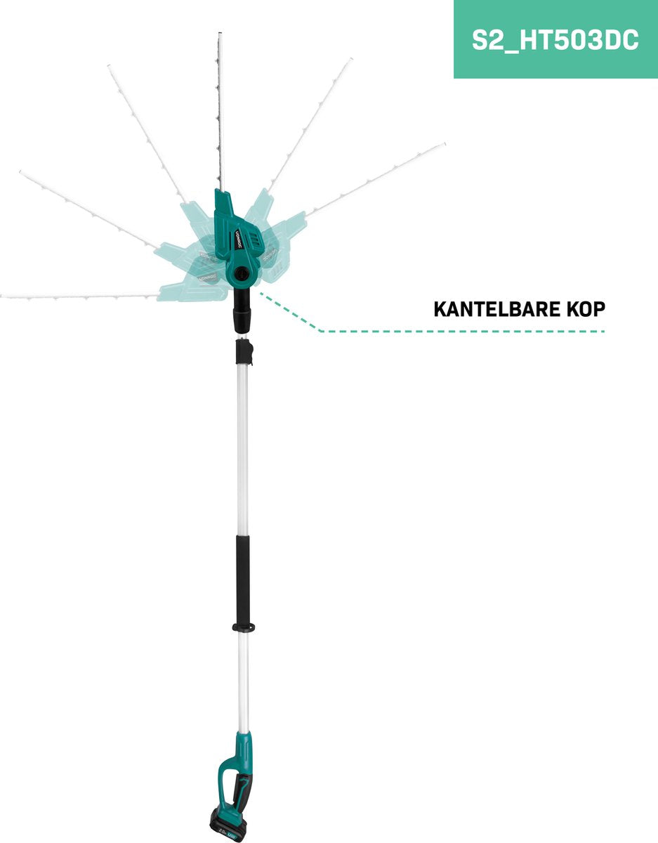 VONROC - Teleskop-Accu-Heckenschere 20V - Kippbares Messer - Stufenlos einstellbar (inkl. 2x 2.0Ah Akku und Schnellladegerät) - Grün/Schwarz