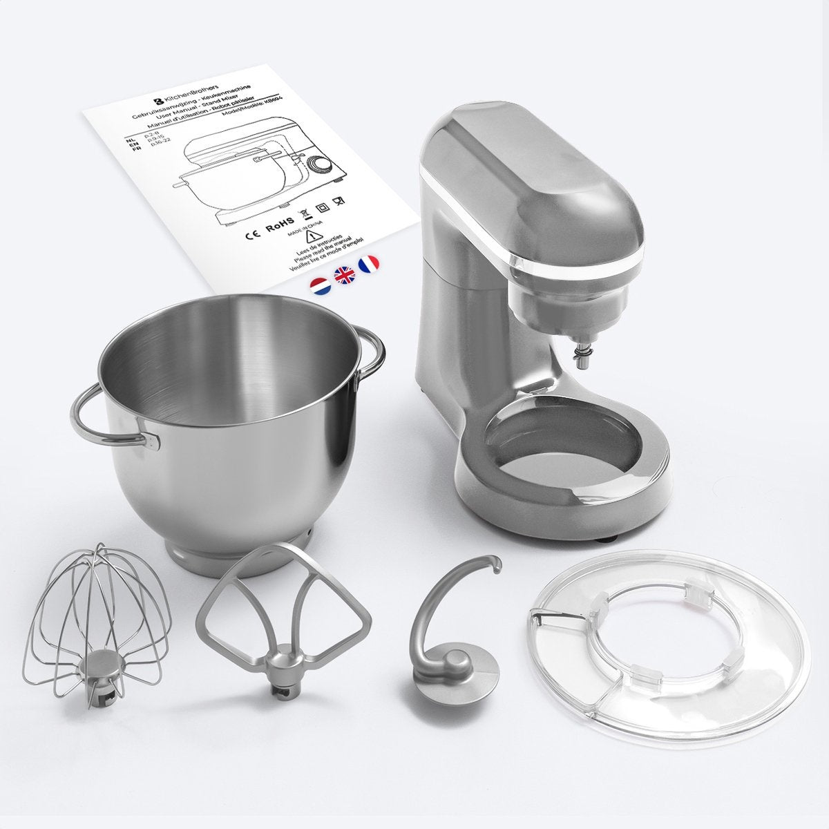 KitchenBrothers Küchenmaschine - Küchenmixer mit 6L-Edelstahl-Mixschüssel - Küchenroboter - 1400W - Silber